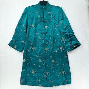 Vintage Chinese Silk Robe Or‎ Coat Jade Green Floral Up Front Chinese Motif 36